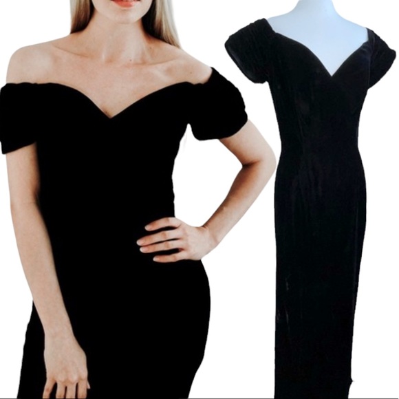 Eugene Alexander Black Velvet Long Gown Deep V Neck Vintage Sz 10 - Picture 1 of 17